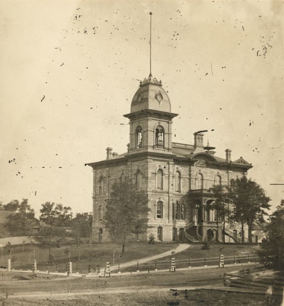 View of the courthouse, with bell tower. The building was built about 1870. The roof and lower part have since been changed.
