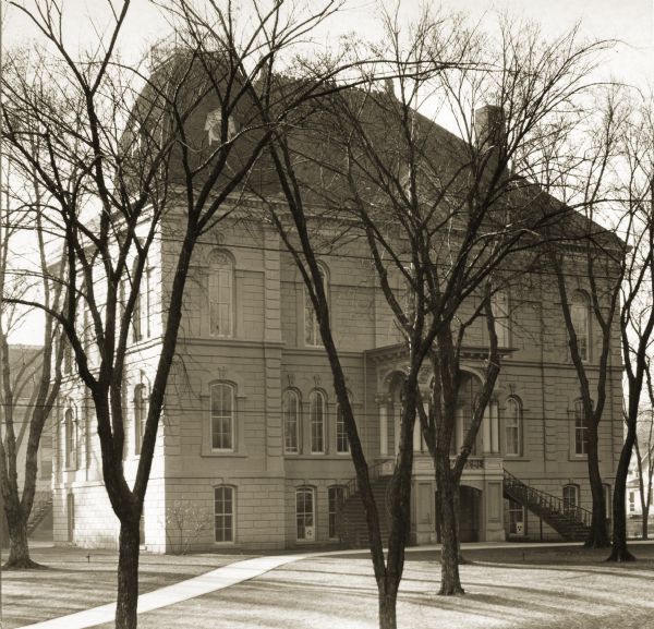 View across lawn and sidewalk of the courthouse after the remodeling.