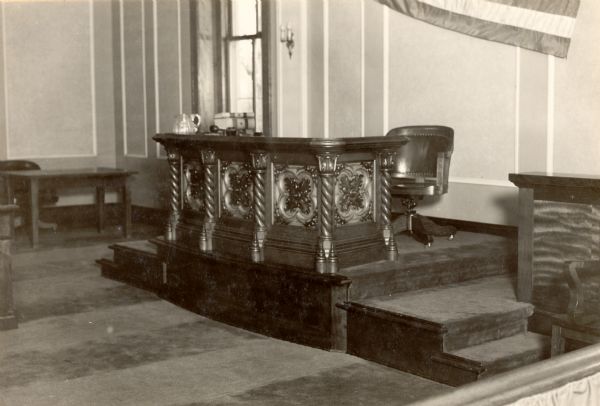 The desk in the courtroom, made at the Marston Planing Mill in Eau Claire about 1873-4.