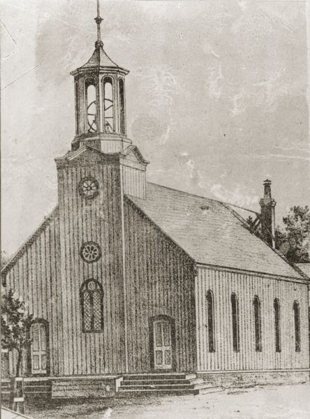 Presbyterian Church, built in 1857, the first church building in Eau Claire.  From a lithograph in the margin of an early map.