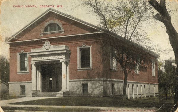 View of the Edgerton Public Library from the front. Caption reads: "Public Library, Beloit, Wis."