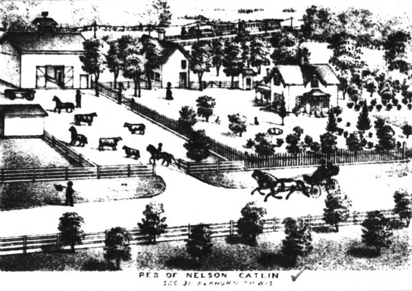 Elevated illustration of a farmhouse, with fences around it, a cowboy on horseback overseeing cattle, and a horse-drawn carriage on the street in front of the estate. Residence of Nelson Catlin, who settled in 1860. Caption reads: "Res Of Nelson Catlin Sec 31 Elkhorn TP Wis".
