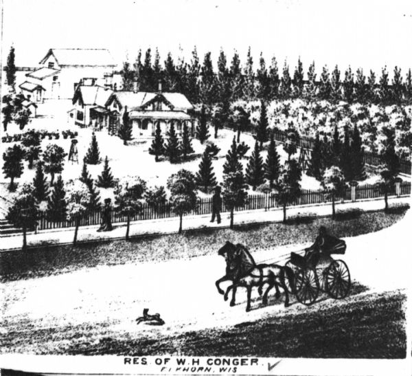 View of a farmstead with multiple pine trees. A road is in foreground with a carriage driven by two horses, and a man in the carriage. A dog runs in front of the carriage. Caption reads: "Res Of W. H. Conger Elkhorn, Wis".