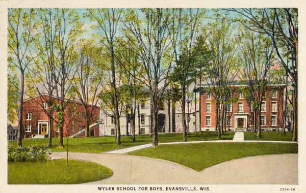 View of the Wyler School for Boys. Caption reads: "Wyler School for Boys, Evansville, Wis."