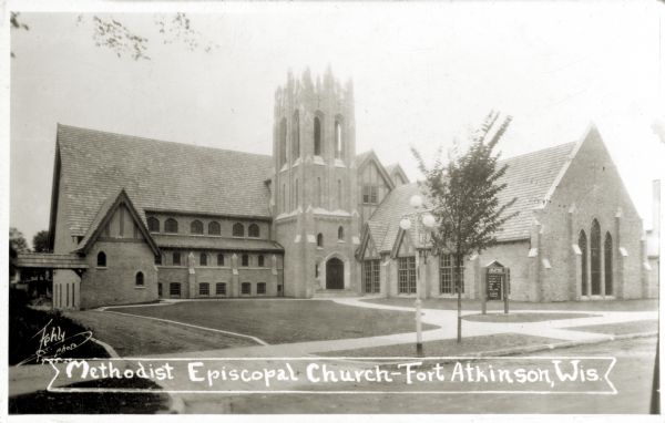Front view of Methodist Episcopal Church. Caption reads: "Methodist Episcopal Church — Fort Atkinson, Wis."