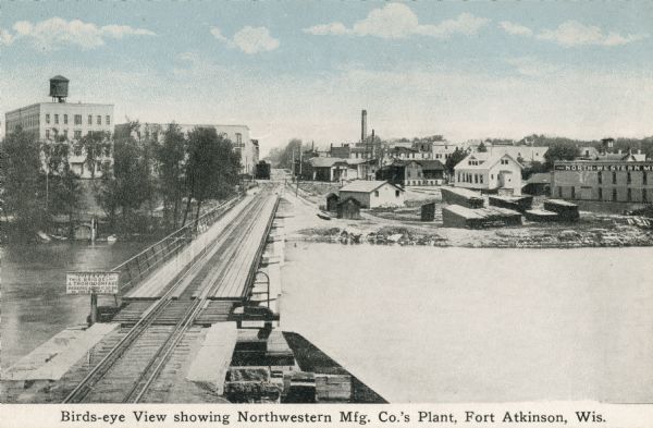 Elevated view of the Northwestern Manufacturing Company plant. Caption reads: "Birds-eye View showing Northwestern Mfg. Co.'s Plant, Fort Atkinson, Wis."