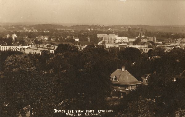 Elevated view of Fort Atkinson. Caption reads: "Birds Eye View Fort Atkinson".