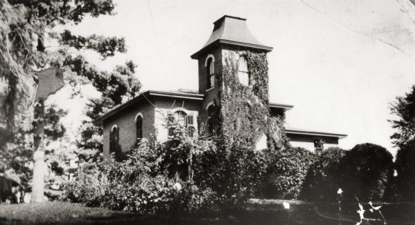 View of a brick dwelling, covered in ivy.  A pine tree stands on the left, and assorted shrubs scatter the lawn.