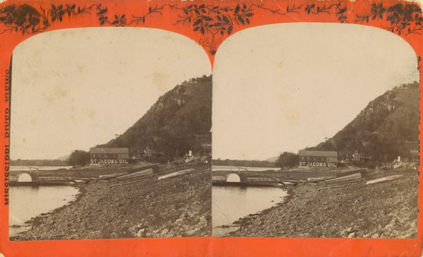 Mississippi River stereograph, with a St. Jacob's Oil building in the distance.