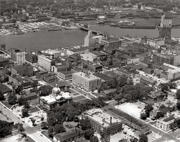 Aerial view of buildings in downtown.