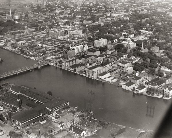 Aerial view of downtown and river.