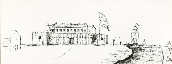 View of a fort with fortified walls and a flag flying from the fort. A river runs on the right of the image. A boat with sails floats on the river. Soldiers stand on the bank with rifles or bayonets.