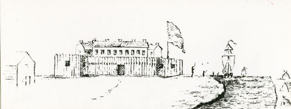 View of a fort with fortified walls and a flag flying from the fort.  A river runs on the right of the image.  A boat with sails floats on the river.  Soldiers stand on the bank with rifles or bayonets.