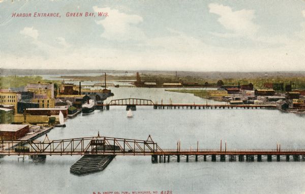 Elevated view of the harbor entrance. Caption reads: "Harbor Entrance, Green Bay, Wis."