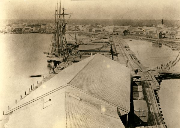 Elevated view of the Green Bay harbor and docks.