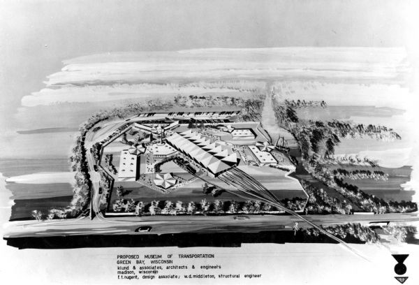 Architects' rendering of a proposed transportation museum project. The text on the bottom of the print reads: "Proposed Museum of Transportation; Green Bay, Wisconsin; Klund & Associates, Architects & Engineers; Madison, Wisconsin; F.T. Nugent, design associate; W.D. Middleton, Structural Engineer."