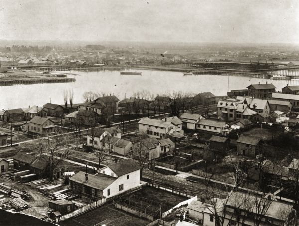 Southwest view of the Fox River and the waterfront.
