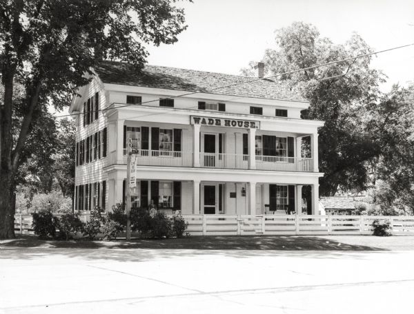 Front view of the Wade House. The Wade House, one of the earliest stagecoach inns in Wisconsin, was built between 1847 and 1851 by Sylvanus Wade. It became the most important stop on the plank road between Sheboygan and Fond du Lac.