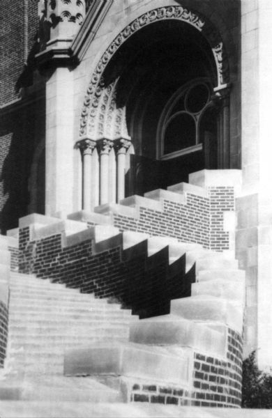 Detailed view of a Holy Hill building's stairway.