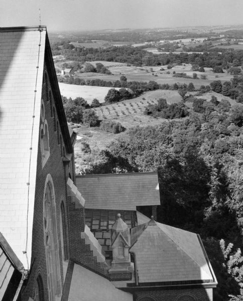 Elevated view from Holy Hill of the valley below. The roof and side of the church is on the left.