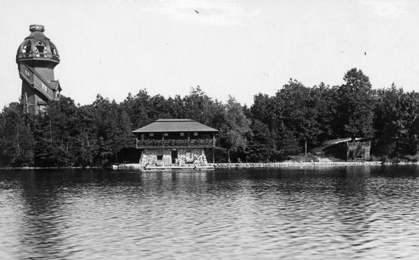 View across water towards the Mayer's summer home on Pine Lake.