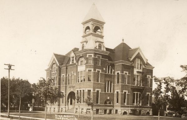 View of the high school. Caption reads: "High School, Hudson, Wis."