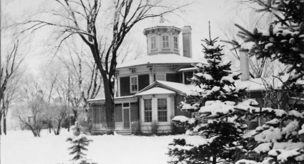 Winter view of the Moffat octagon home.