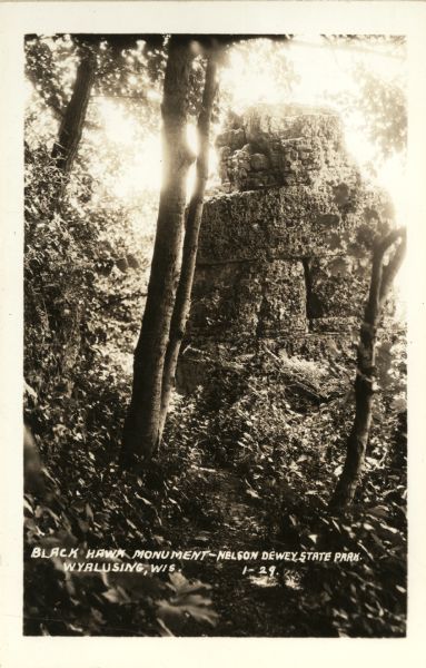 A rock formation in Wyalusing State Park known as the "Black Hawk Monument." The park's original name, Nelson Dewey, was later given to a different state park named for the former governor at Cassville.