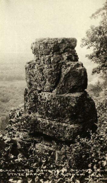 A rock formation known as "Black Hawk Monument" in Wyalusing State Park. The park's original name, Nelson Dewey, was later given to a different state park named for the former governor at Cassville.