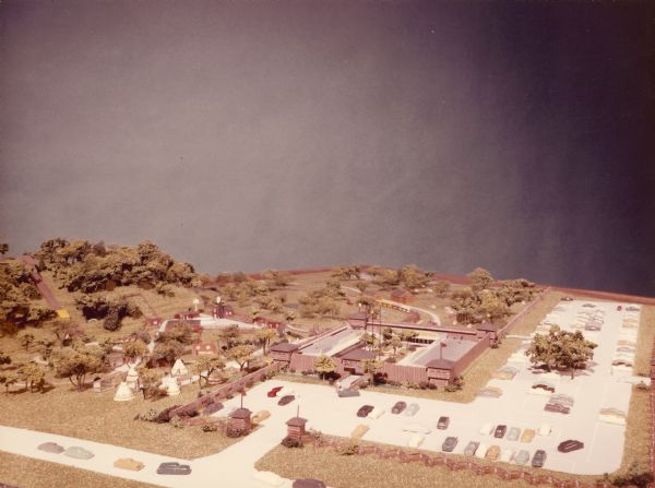 An architect's model of Fort Dells. This is not an accurate historical reconstruction, but was built as a tourist attraction. There was never an actual fort on this site.