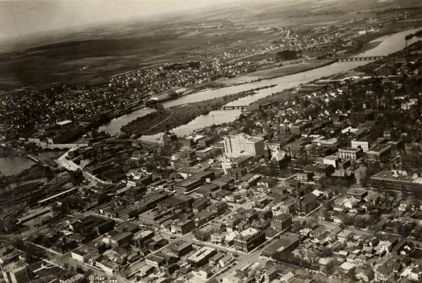 Aerial view of buildings in the downtown area.