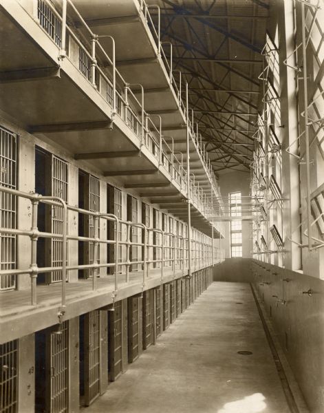 Interior view of the then recently completed cell block of the Wisconsin State Prison.