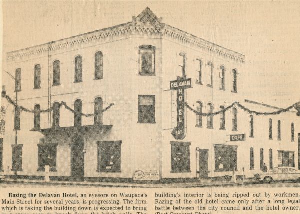 View of the Delavan Hotel with accompanying caption.
