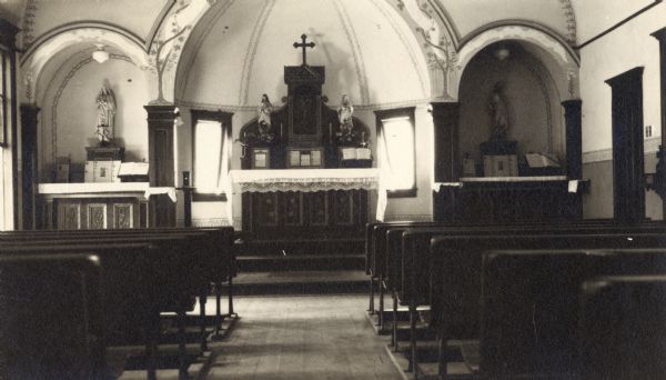 Interior view of the Loyola Villa Chapel, looking towards the altar.