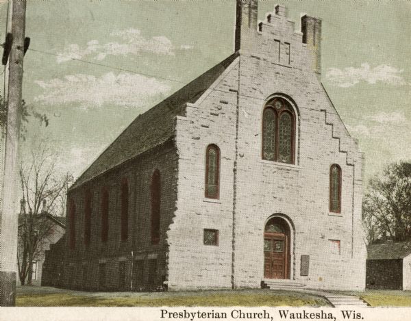 Front view of a Presbyterian church. Caption reads: "Presbyterian Church, Waukesha, Wis."