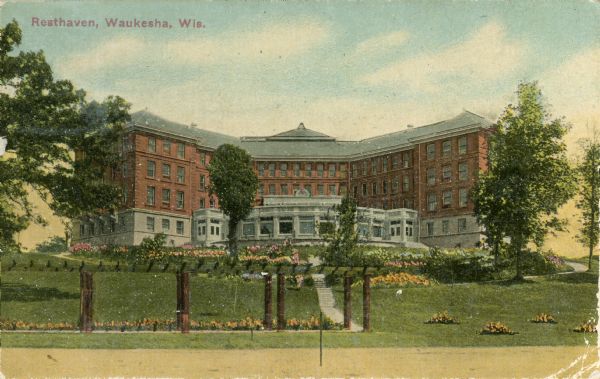 Exterior view of Resthaven, a sanitarium. Caption reads: "Resthaven, Waukesha, Wis."