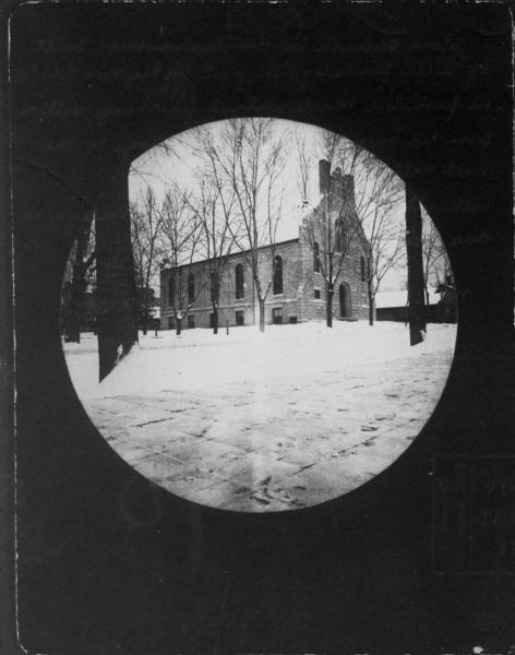 Round-framed view of Stone Church, built by Rev. A.L. Lindsley.