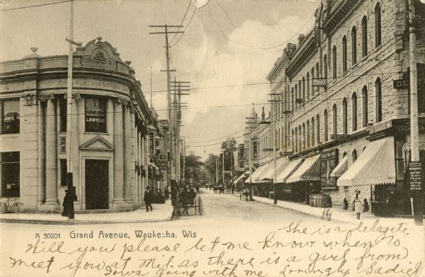 View of Grand Avenue. Caption reads: "Grand Avenue, Waukesha, Wis".