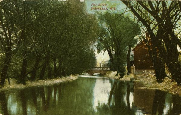 View of the tree-lined Fox River, with a bridge in the distance. Caption reads: "Fox River, Waukesha, Wis."