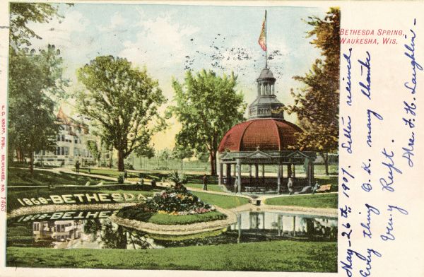 View of the Bethesda Spring. Caption reads: "Bethesda Spring, Waukesha, Wis."
