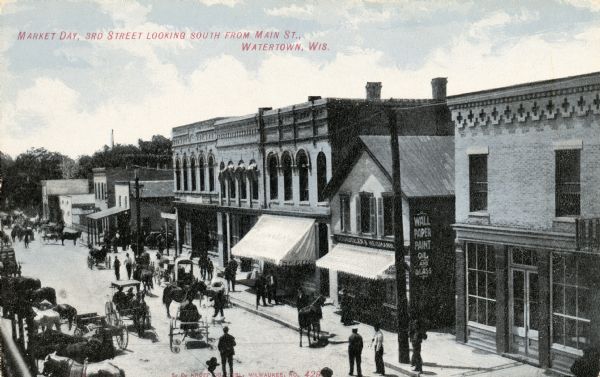 Elevated view of 3rd Street. Caption reads: "Market Day, 3rd Street Looking South from Main St."