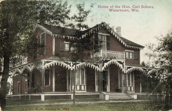 Exterior view of the home. Caption reads: "Home of the Hon. Carl Schurz, Watertown, Wis."