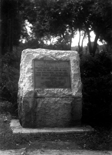 Front view of a monument erected on the site of Mrs. Carl Schurz's first kindergarten in America.