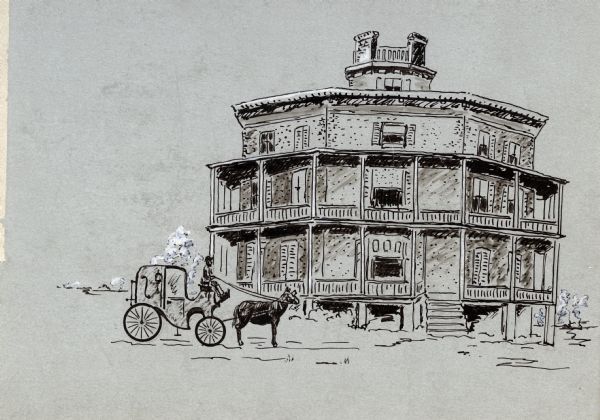 Drawing of the Octagon House with a horse and carriage in the foreground.