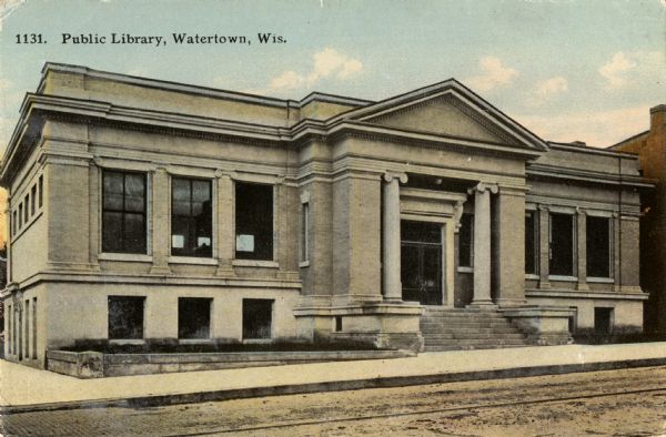 Exterior view of the Watertown Public Library. Caption reads: "Public Library, Watertown, Wis."