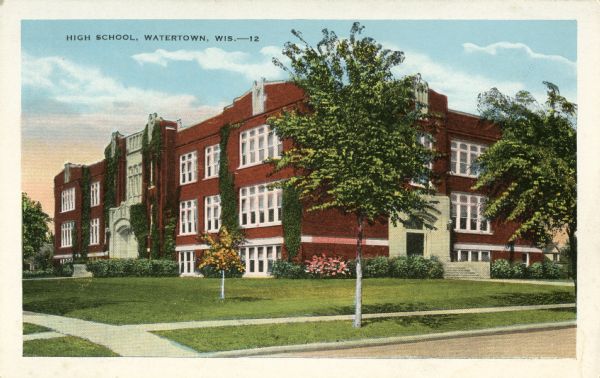 Exterior view of the high school. Caption reads: "High School, Watertown, Wis."