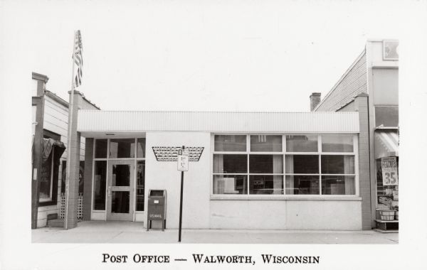 Exterior view of a post office. Caption reads: "Post Office — Walworth, Wisconsin".