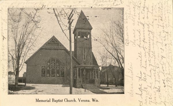 View of Memorial Baptist church. Caption reads: "Memorial Baptist Church, Verona, Wis."