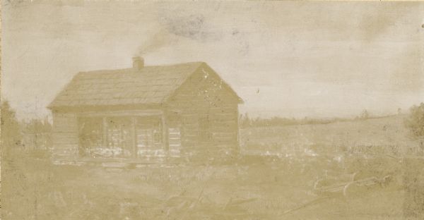 View of the Bagli log cabin, built in 1844 by Knut Bagli, 1.5 miles south of Utica on the Edgerton Road.