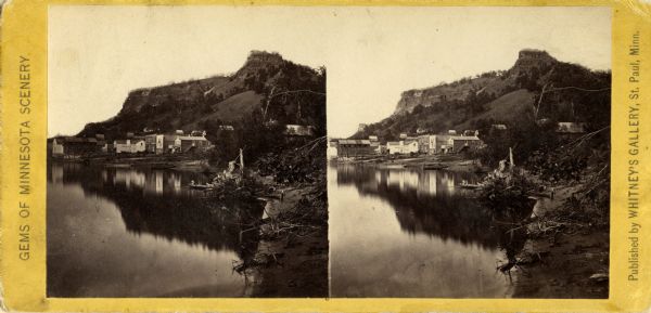 A stereograph of Trempealeau from the river.
